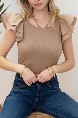 DOUBLE RUFFLE SLEEVE RIBBED KNIT TOP