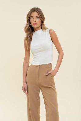 MOCK NECK SLEEVELESS CROPPED KNIT TOP