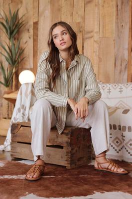 STRIPE COLLARED BUTTON DOWN LONG SLEEVE SHACKET