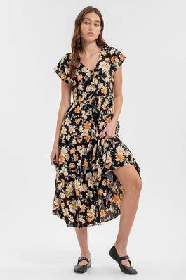 BUTTON DOWN TIERED FLORAL V NECK MIDI DRESS