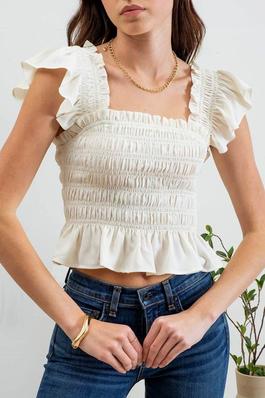 SMOCKED SQUARE NECK RUFFLE CROP TOP