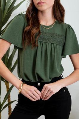 LACE TRIM SHORT BELL SLEEVE BLOUSE