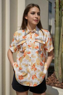 Printed Rhinestone Button Down Blouse With Pockets