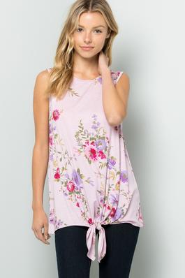 Knotted Hem Sleeveless Floral Print Tunic Top
