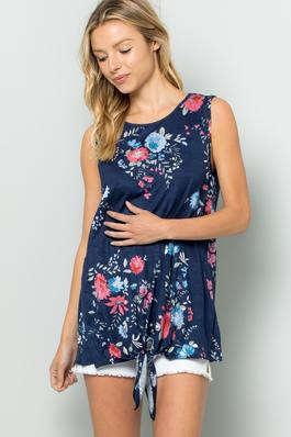 Knotted Hem Sleeveless Floral Print Tunic Top