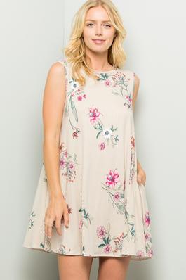 Striped Floral Print Dress With Side Pockets