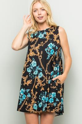 Floral Print Sleeveless Dress With Pockets