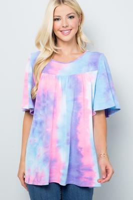 Tie Dye Print French Terry Ruffle Short Sleeve Top