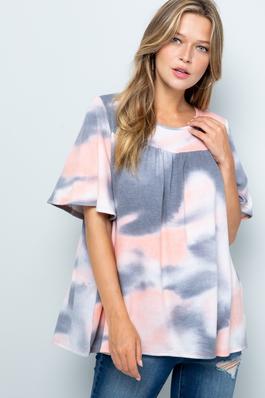 Tie Dye Print French Terry Ruffle Short Sleeve Top
