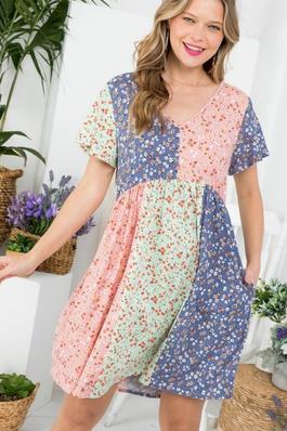 Multi Contrast Floral Print V Neck Tunic Dress