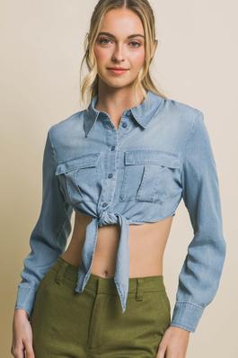 Long Sleeve Tencel Cropped Top with Front Tie