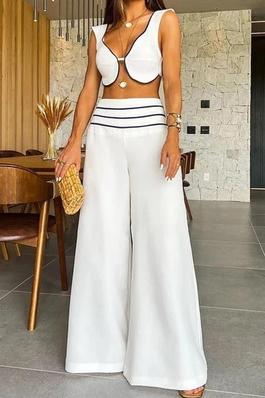 Contrast Crop Top and Flared Pants Set