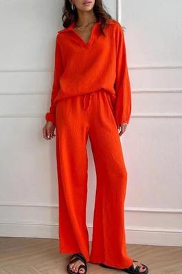 Textured V Neck Top and Pants Set