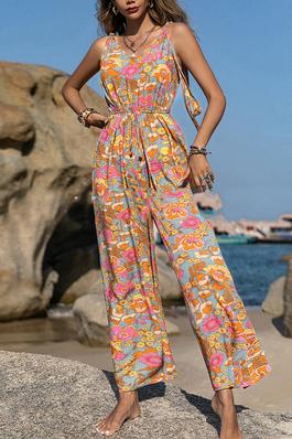 Bohemian Printed Loose Jumpsuit with Belt
