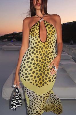 Leopard Halter Backless Maxi Dress
