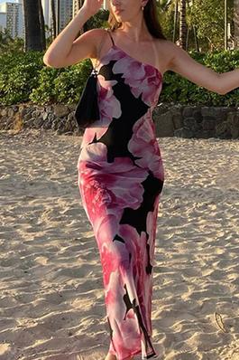One Shoulder Floral Print Beach Dress