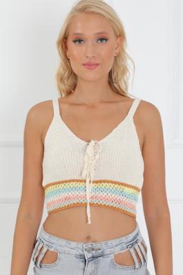 Lace Up Front Off White Crop Top
