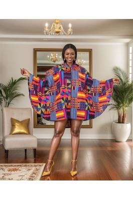 Women's Zipper Hoodie Poncho Top - African Print