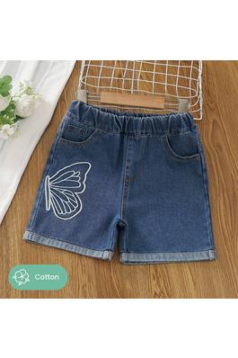 Kid Girl Butterfly Embroidery Pockets Denim Shorts