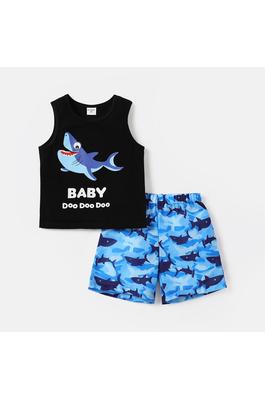 2pcs Toddler Boy Shark Print Cotton Tank Top and Elasticized Shorts Set
