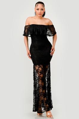 LACE OFF-SHOULDER GOWN WITH SHEER SKIRT