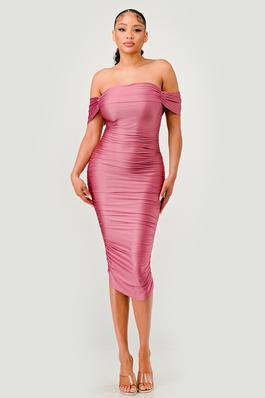 OFF SHOULDER RUCHED BODYCON DRESS
