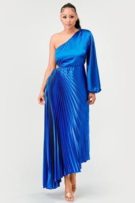 ONE SHOULDER CUT OUT PLEATED SATIN DRESS