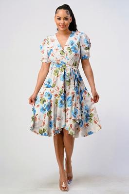 RUCHED SLEEVE FLORAL PRINT BELTED DRESS