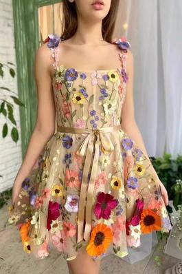 Three-dimensional floral embroidery dress
