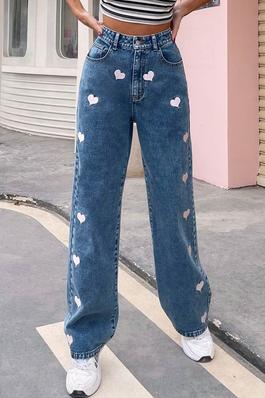 Heart Embroidered Denim Trousers