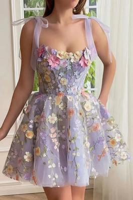 Three-dimensional floral embroidery halter dress