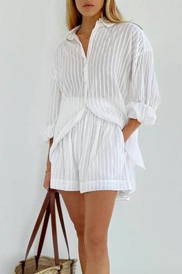 Cotton White Vertical Striped Shirt Set