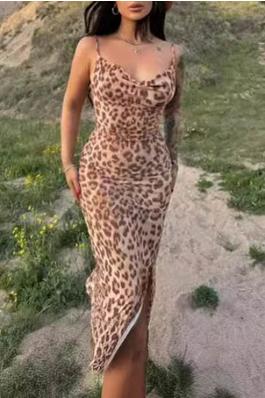 Backless Split Leopard Print Halter Dress