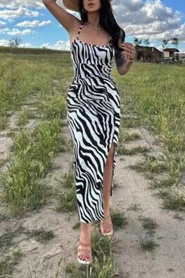 Halter Slim Side Split Zebra Print Dress