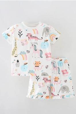 Baby Girls Cartoon Printed Crewneck Short Sleeve T-Shirt And Shorts Two Pieces Suits