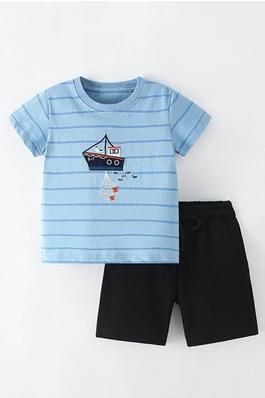 Baby Boys Cartoon Printed Striped Crewneck Short Sleeve T-Shirt And Shorts Two Pieces Suits