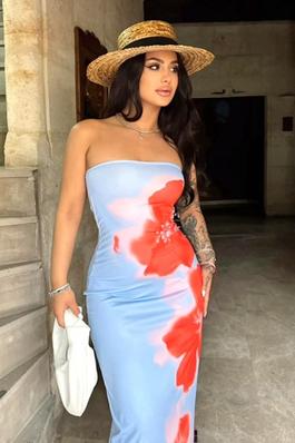 Printed Strapless Dress with Slit