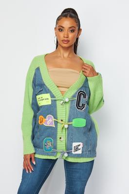 Denim and Knit Cardigan with Patches