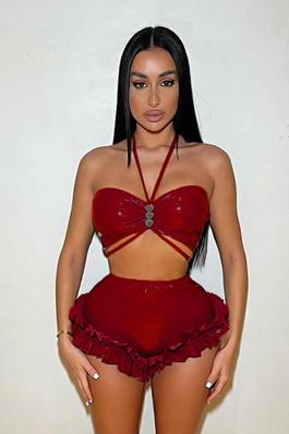 Heart-shaped hanging neck strapless faux leather high-waisted shorts set