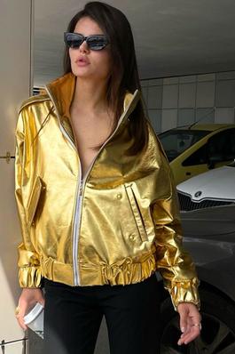 Faux Leather Metallic Colour Standing Collar Jacket