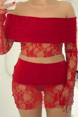 Lace off-shoulder top short skirt two-piece set
