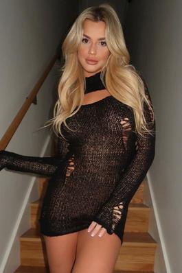 Ruptured see-through high-waisted knitted dress