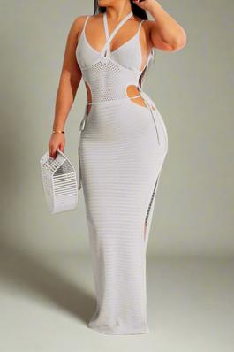 Cut Out Knit Backless Halter Maxi Dress