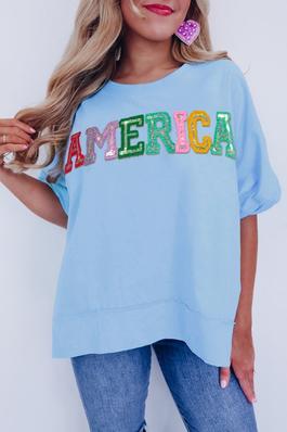 America Sparkle Pastel Embroidered Tee