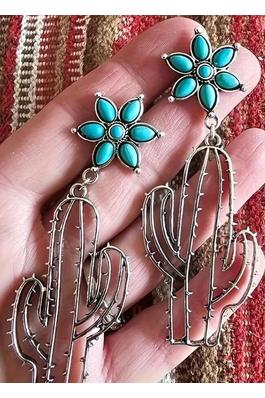Silvery Western Turquoise Flower Cactus Dangle Earrings 2pcs