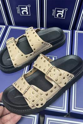 Double Buckle Studded Flat Sandals