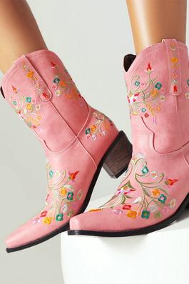 Embroidered Chunky Heel Boots