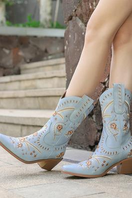 Boho Embroidered Chunky Heel Boots