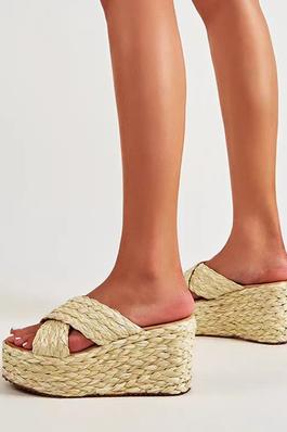 Straw Cross Band Wedge Sandals