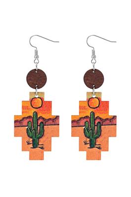 Orange Cactus Theme Wood Dangle Post Earrings